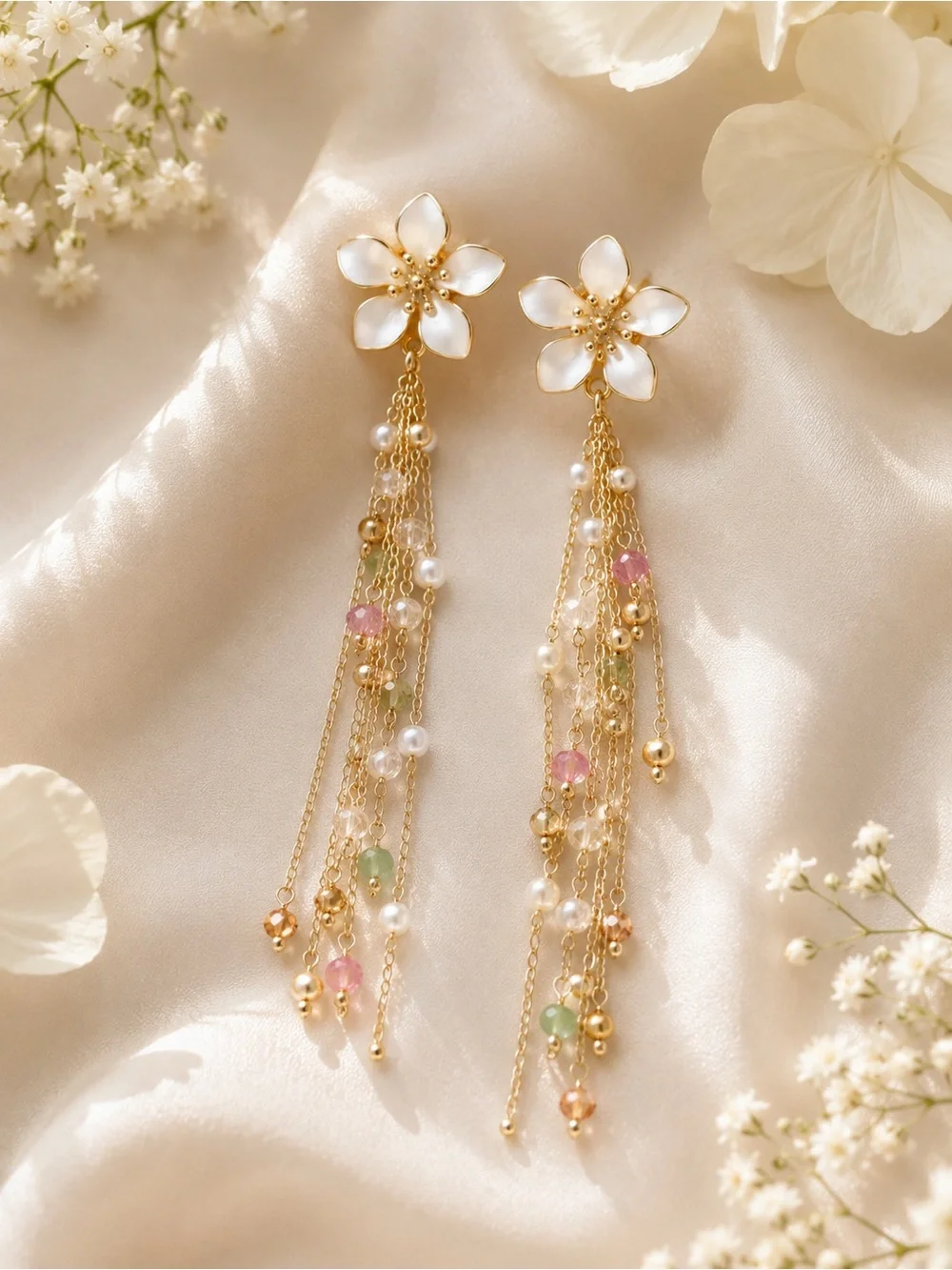 Floral Drop Earrings with White Petals and Pastel Beads